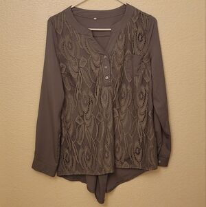 Women's Long Sleeve Gray Lace Blouse Size Medium